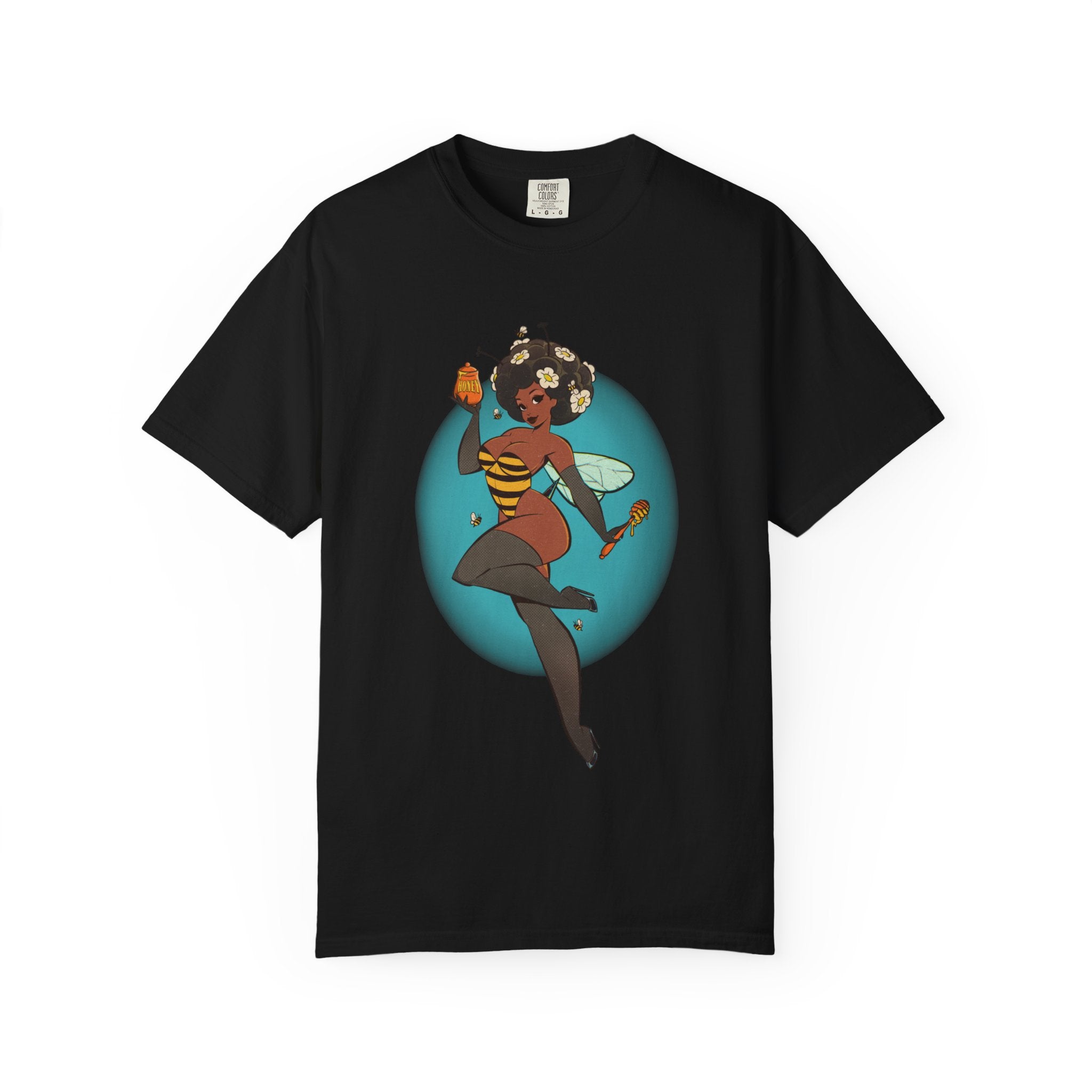 Bee Girl Graphic T-Shirt — Cute Afro Pinup Honeybee Illustration