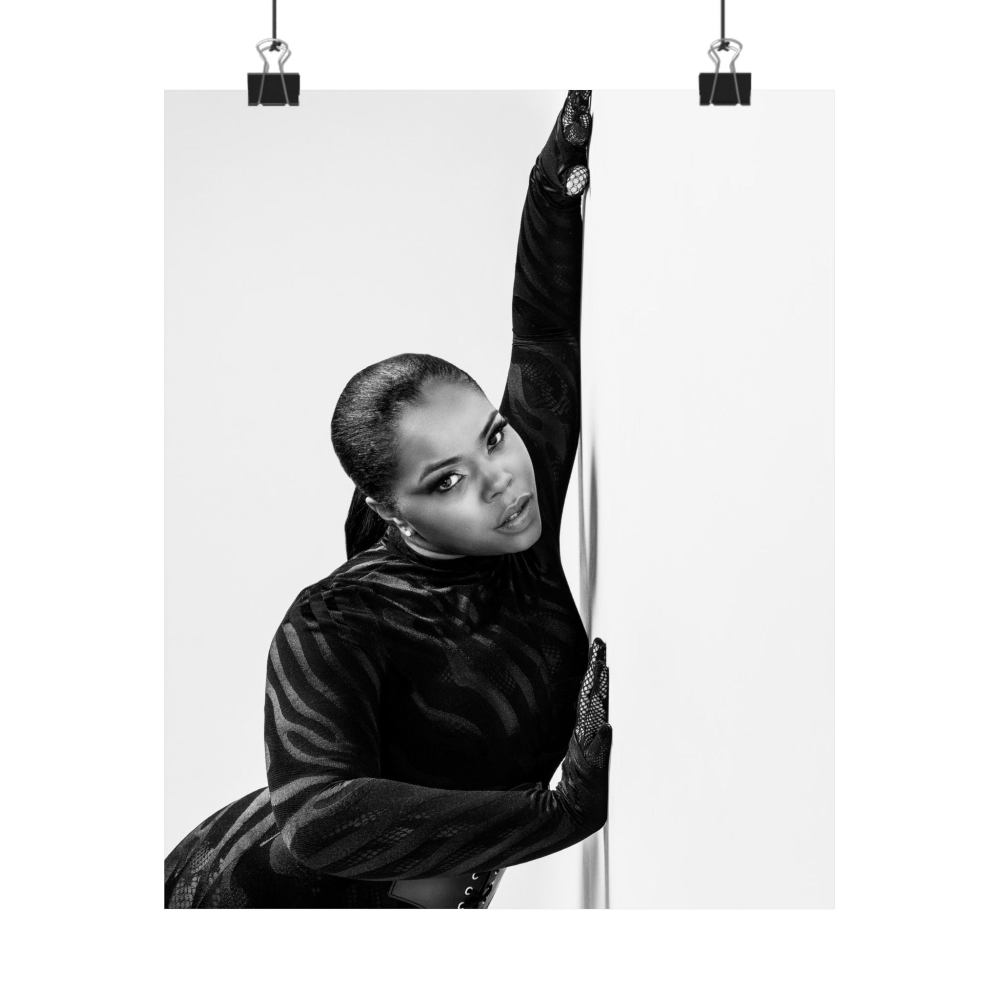 Black & White Fashion Satin Poster — Glamorous Pole Dance Portrait