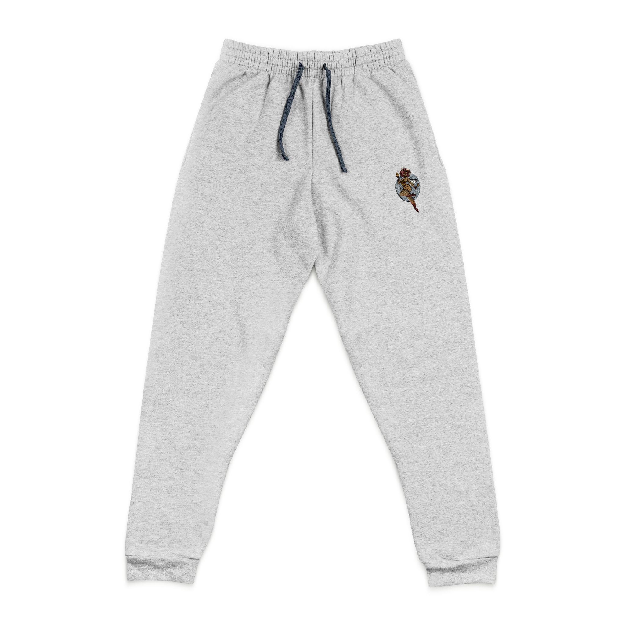 Embroidered Tiger Joggers — Cozy Dark Charcoal Sweatpants with Small Chest Patch