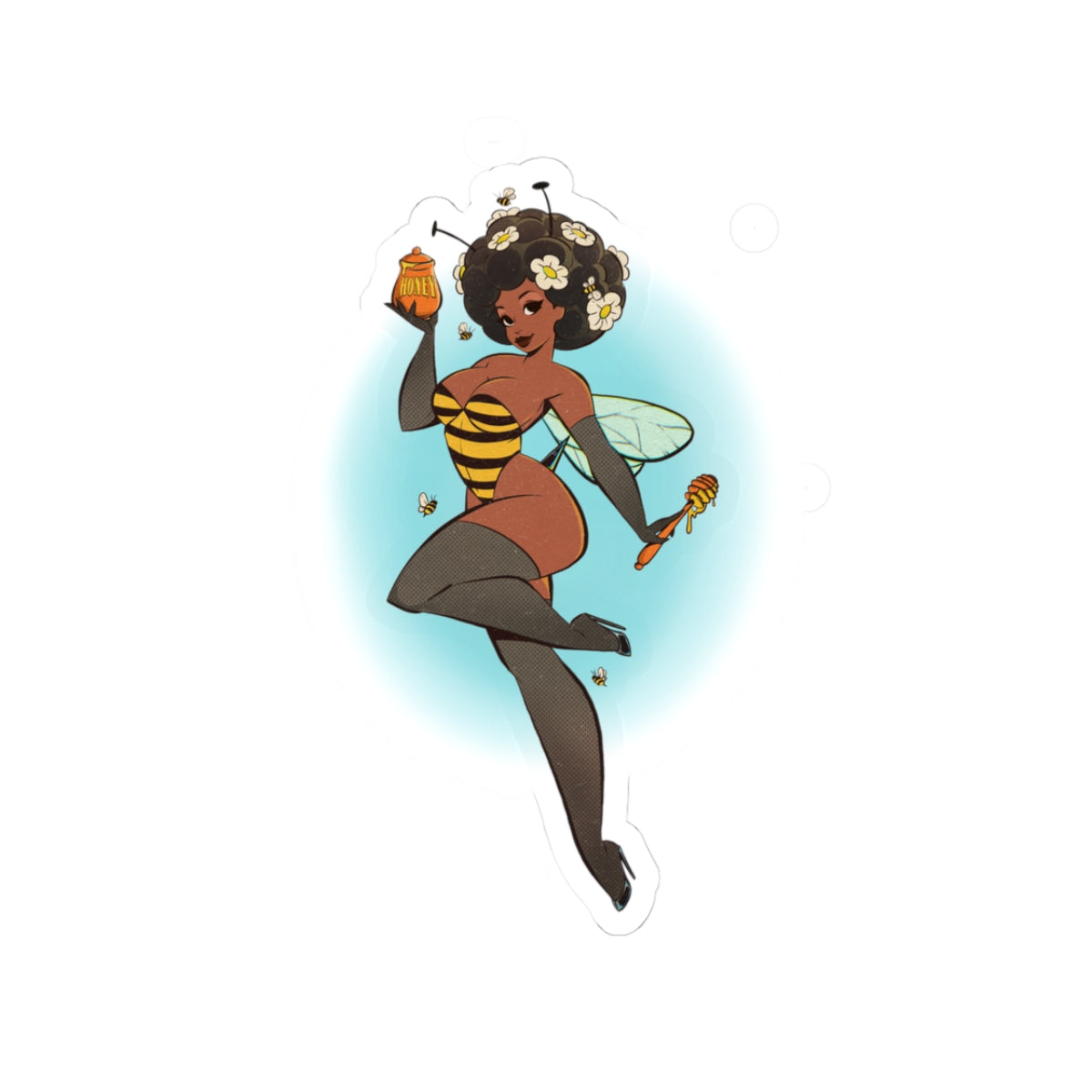 Bee Pin-Up Kiss-Cut Sticker — Retro Afro Pinup Girl with Honey & Flowers