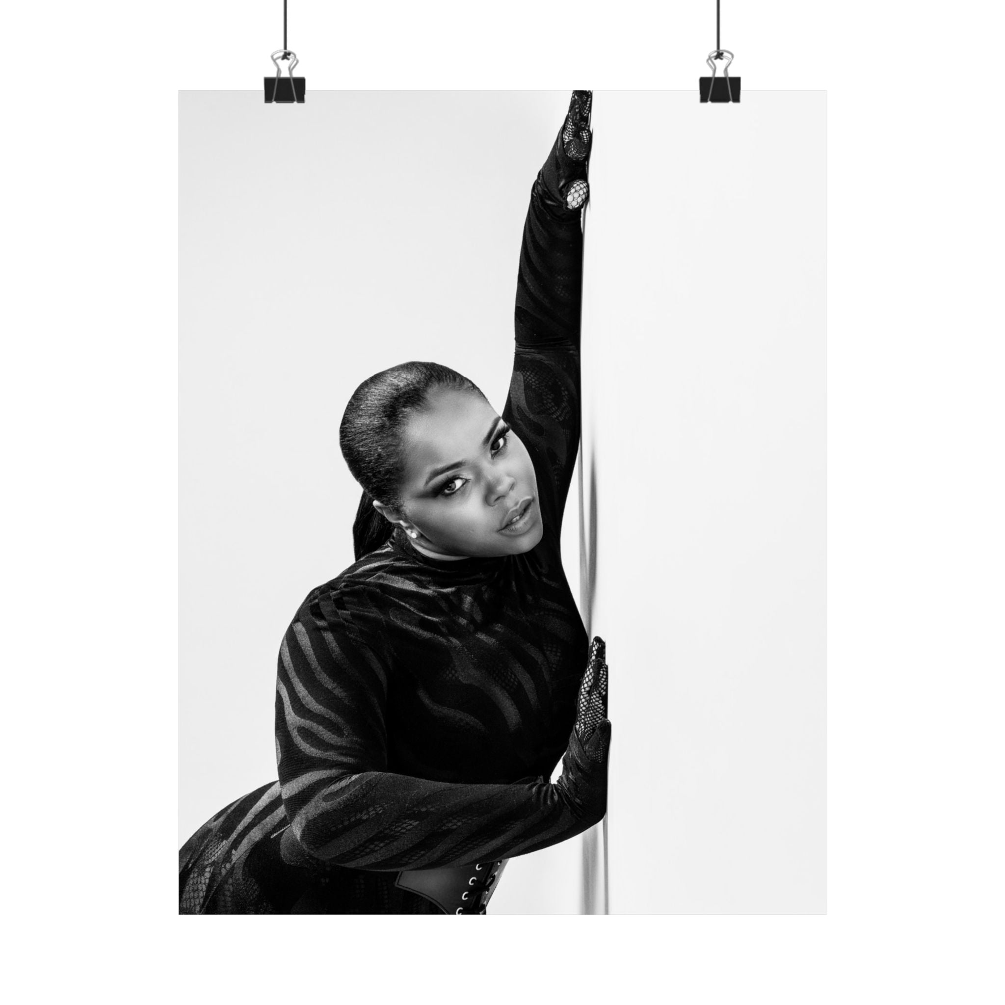 Black & White Fashion Satin Poster — Glamorous Pole Dance Portrait