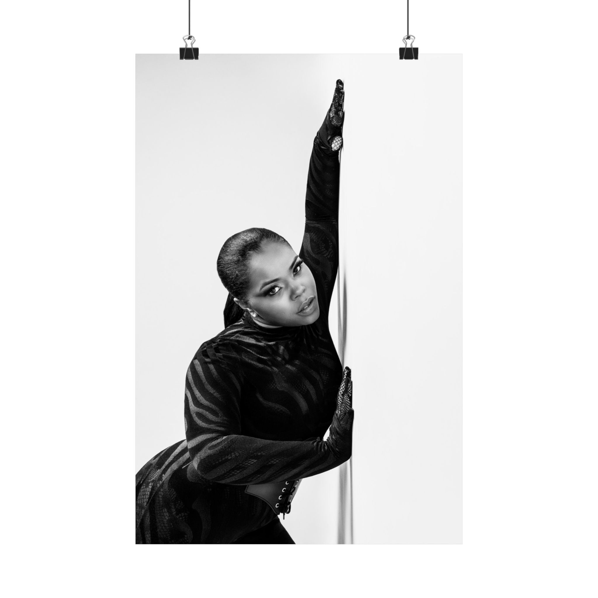 Black & White Fashion Satin Poster — Glamorous Pole Dance Portrait