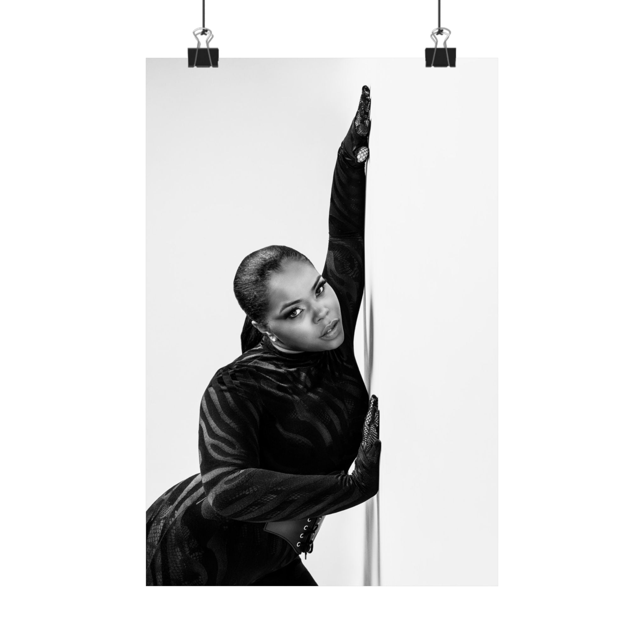 Black & White Fashion Satin Poster — Glamorous Pole Dance Portrait