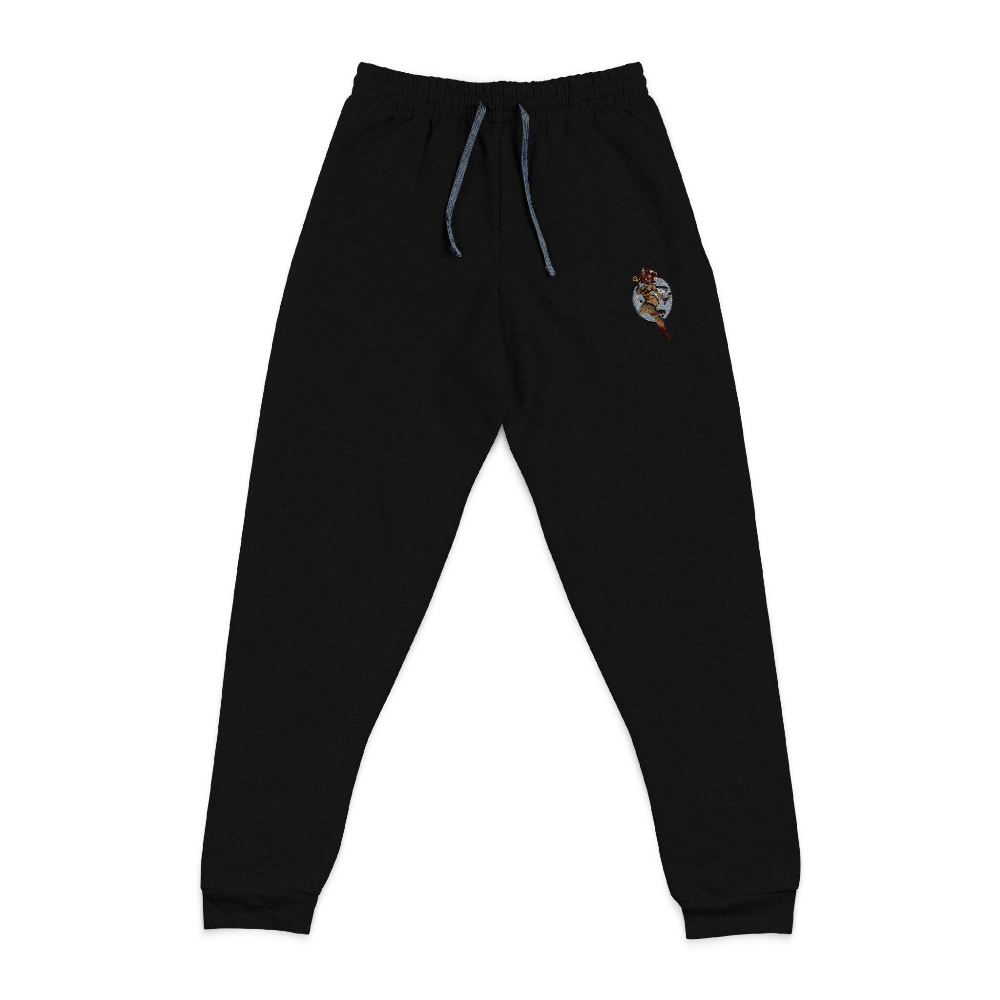 Embroidered Tiger Joggers — Cozy Dark Charcoal Sweatpants with Small Chest Patch